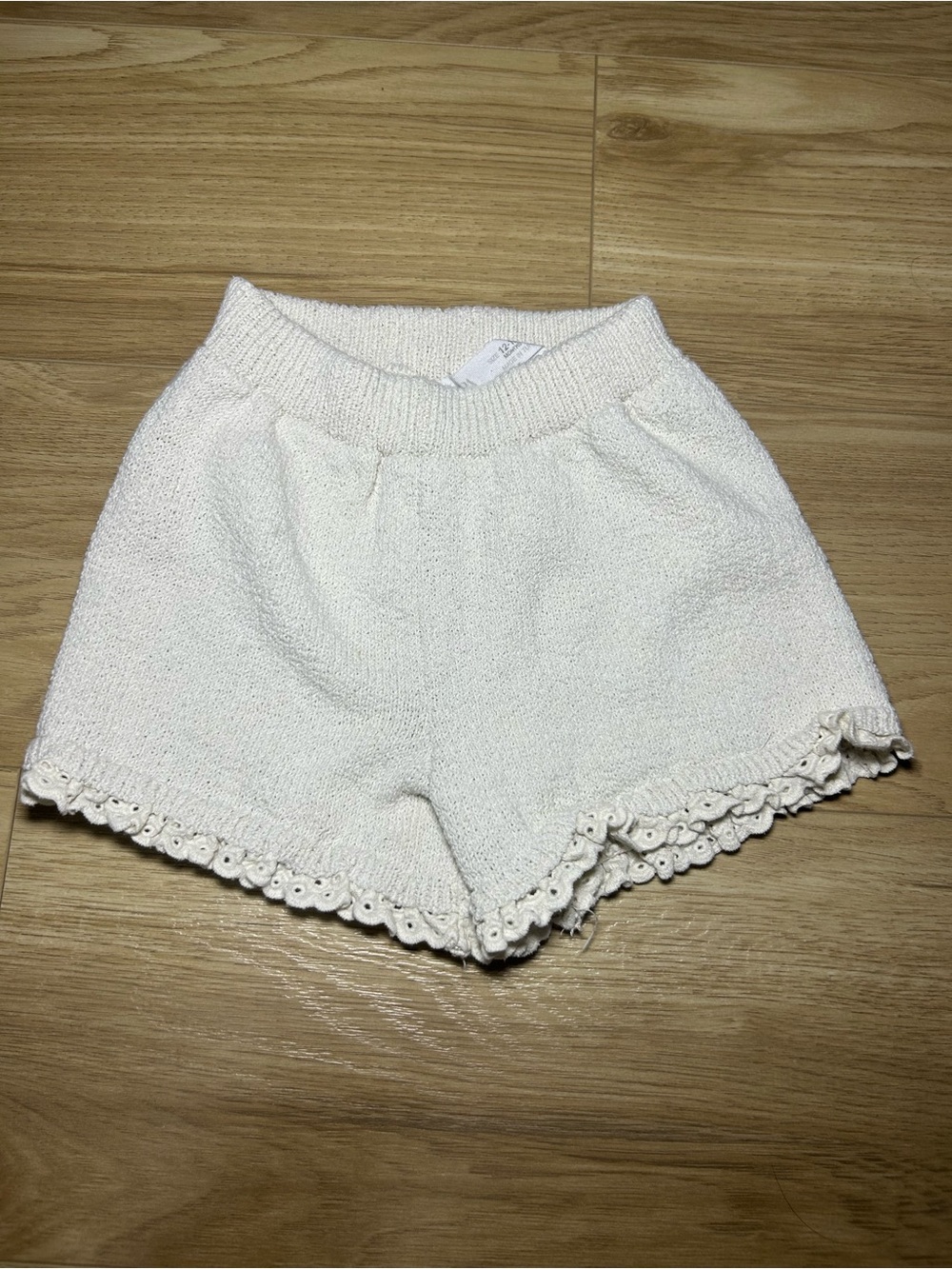 Zara Cream Knit Shorts with Eyelet Lace Hem